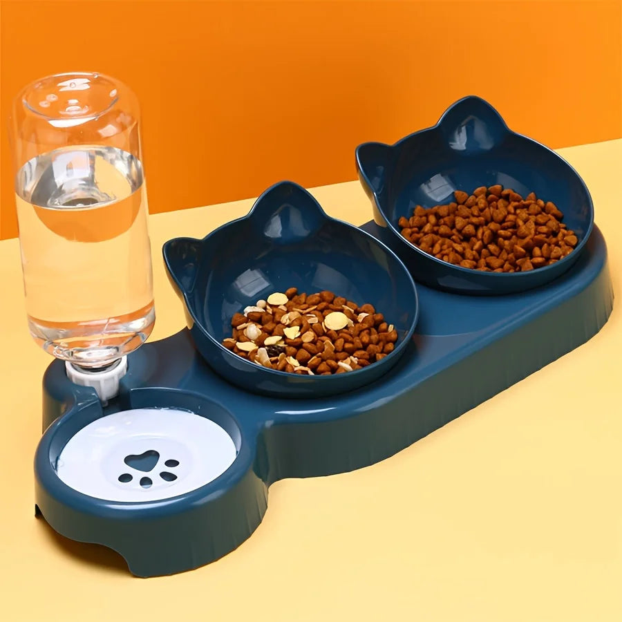 Juego de cuencos 3 en 1 para mascotas: comedero y bebedero inclinado con diseño de orejas y botella de agua por gravedad para proteger el cuello.