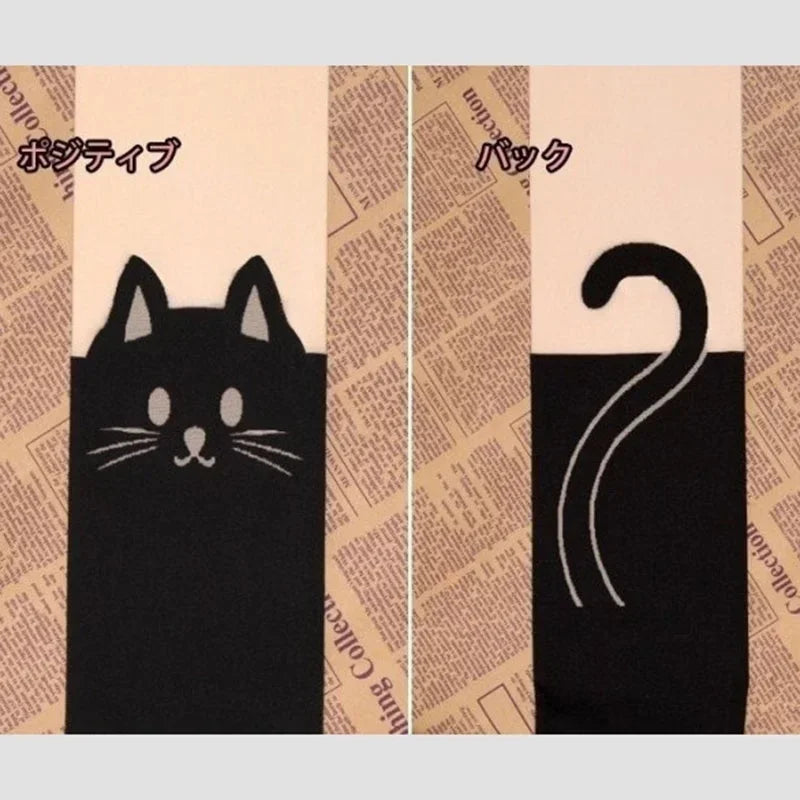 Calcetines altos de seda con estampado de gato negro para mujer.