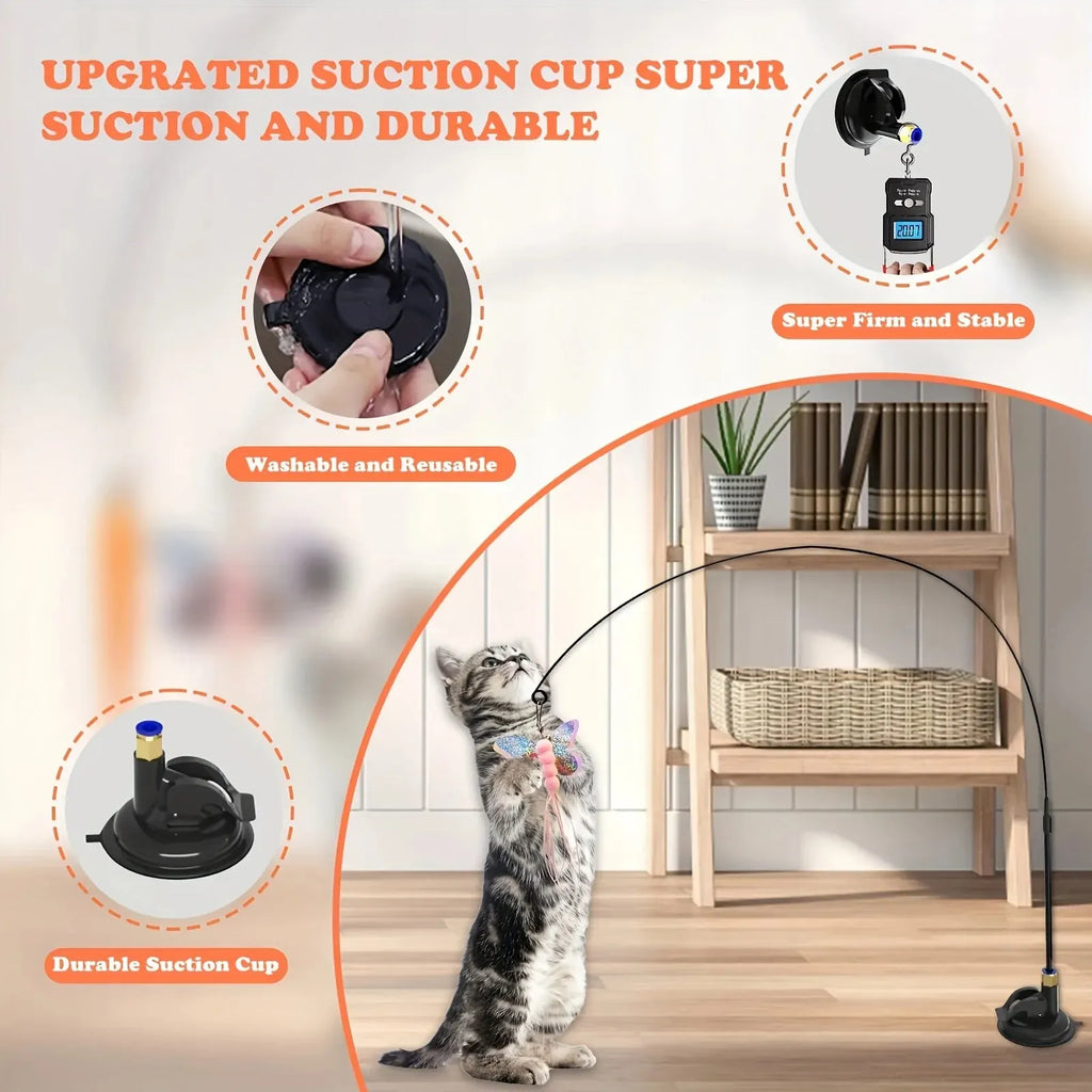 Juguete interactivo para gatos: varita con pluma y cascabel, asta larga con ventosa para emocionantes aventuras de juego, el juguete definitivo para gatos.
