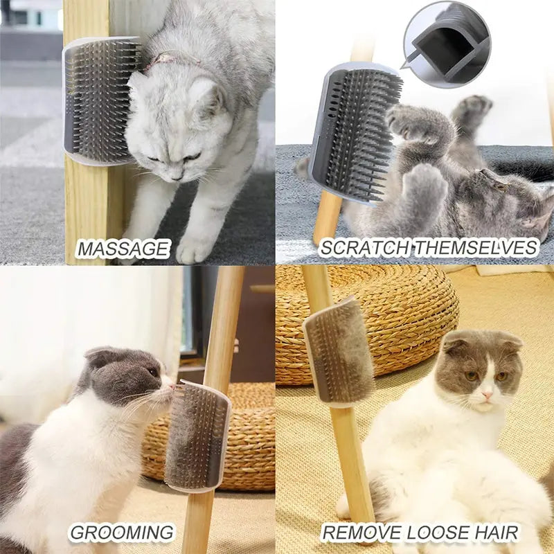 Cepillo de esquina para masaje y aseo de gatos: elimina el pelo suelto y sirve como rascador desmontable.