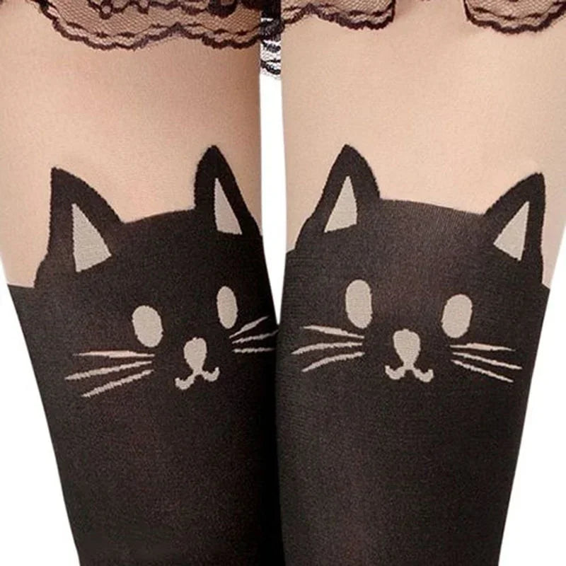 Calcetines altos de seda con estampado de gato negro para mujer.