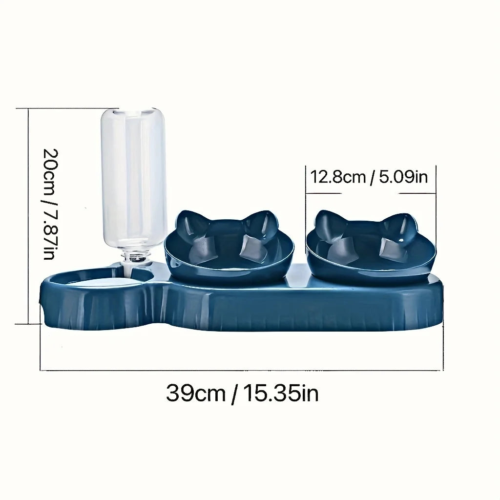 Juego de cuencos 3 en 1 para mascotas: comedero y bebedero inclinado con diseño de orejas y botella de agua por gravedad para proteger el cuello.