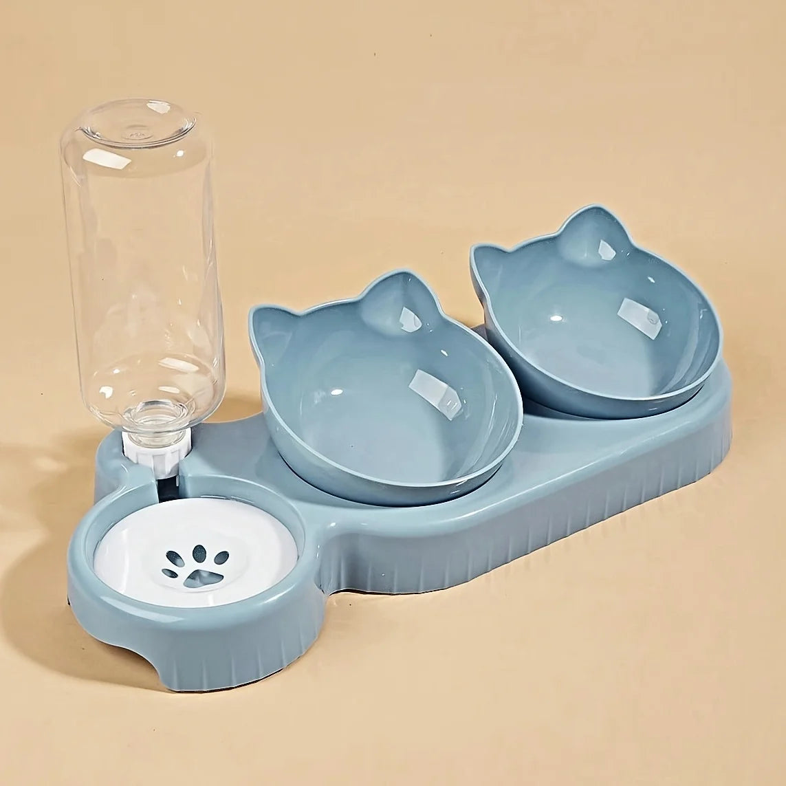Juego de cuencos 3 en 1 para mascotas: comedero y bebedero inclinado con diseño de orejas y botella de agua por gravedad para proteger el cuello.