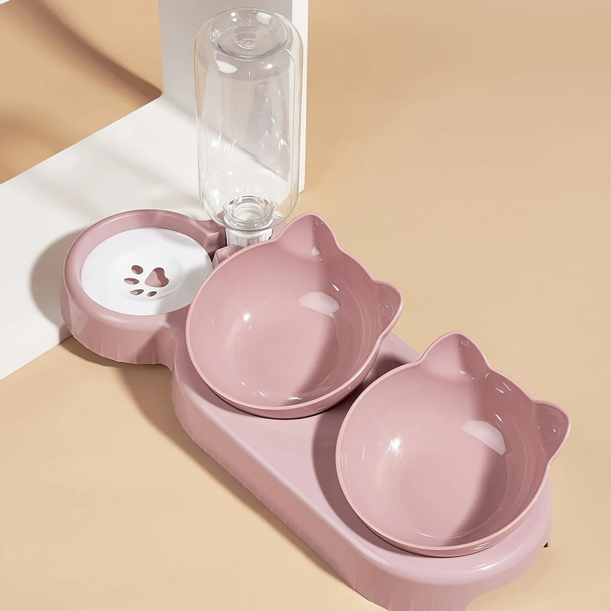 Juego de cuencos 3 en 1 para mascotas: comedero y bebedero inclinado con diseño de orejas y botella de agua por gravedad para proteger el cuello.