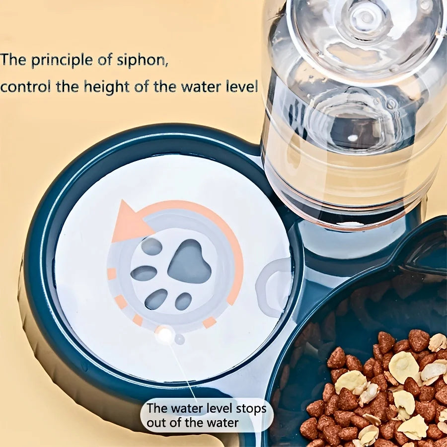 Juego de cuencos 3 en 1 para mascotas: comedero y bebedero inclinado con diseño de orejas y botella de agua por gravedad para proteger el cuello.
