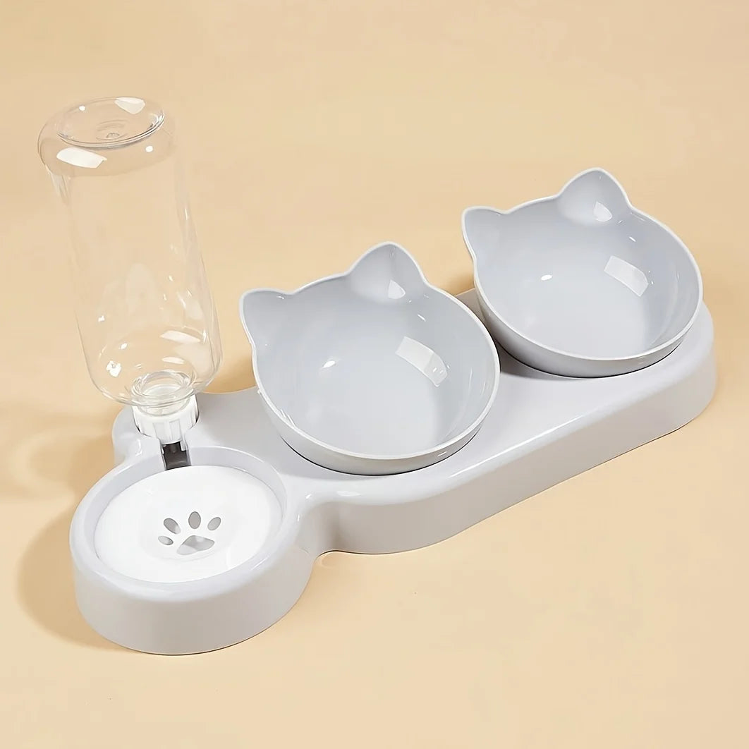Juego de cuencos 3 en 1 para mascotas: comedero y bebedero inclinado con diseño de orejas y botella de agua por gravedad para proteger el cuello.