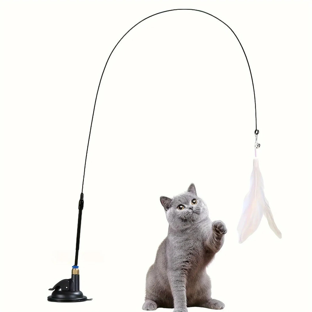 Juguete interactivo para gatos: varita con pluma y cascabel, asta larga con ventosa para emocionantes aventuras de juego, el juguete definitivo para gatos.