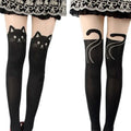 Calcetines altos de seda con estampado de gato negro para mujer.