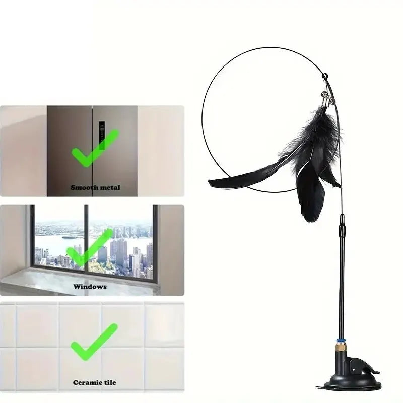 Juguete interactivo para gatos: varita con pluma y cascabel, asta larga con ventosa para emocionantes aventuras de juego, el juguete definitivo para gatos.