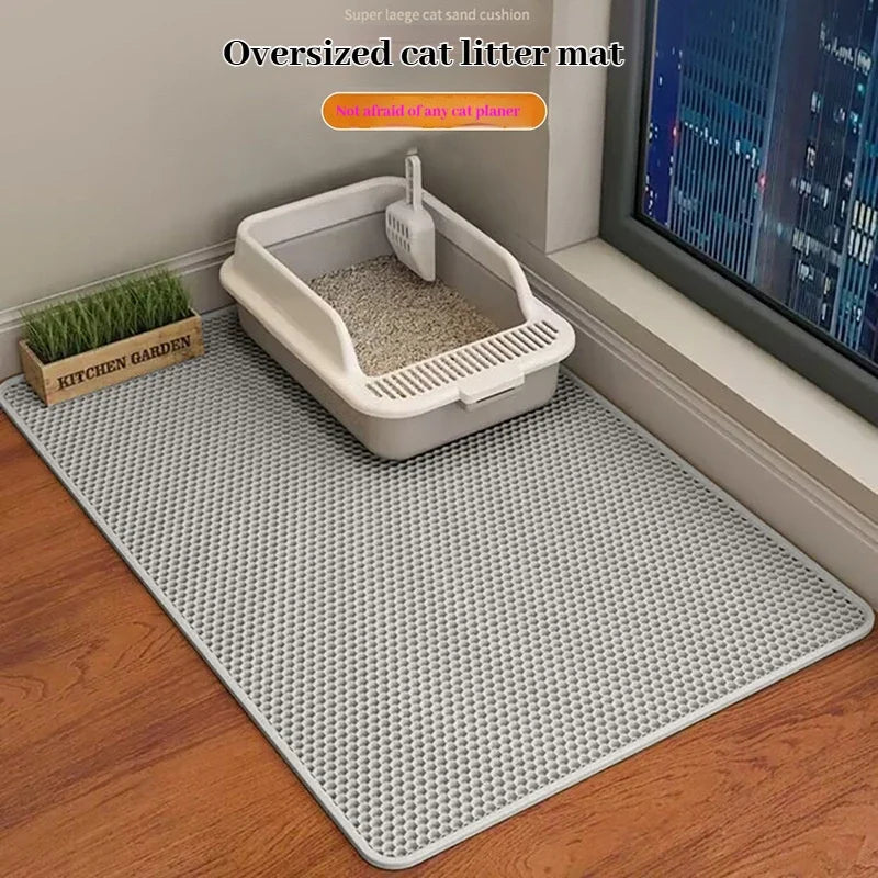 Alfombrilla para arena de gatos de diseño de doble capa, tecnología premium de retención de arena, base impermeable y protector de suelo antideslizante para gatitos de interior.
