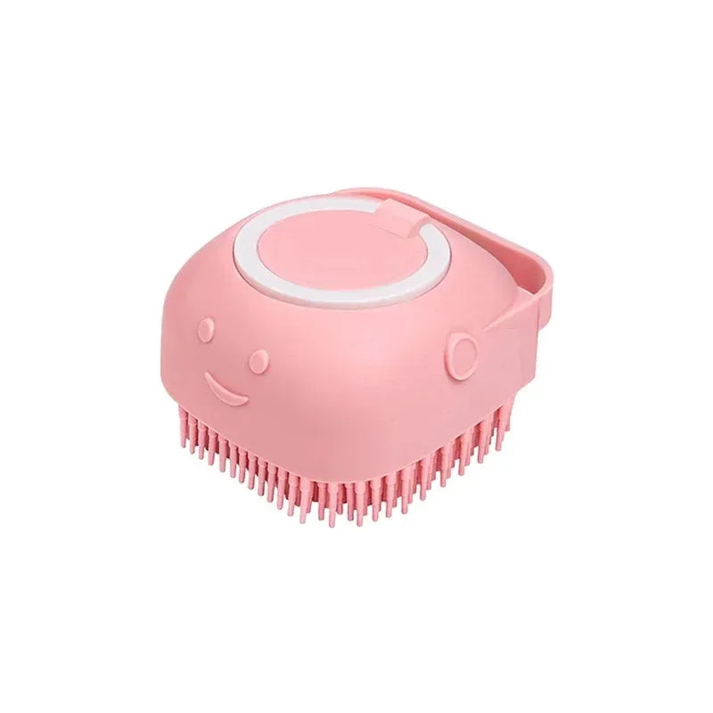 Cepillo de baño y masaje para mascotas con dispensador de champú y cerdas de goma; herramienta de aseo y ducha para perros y gatos.