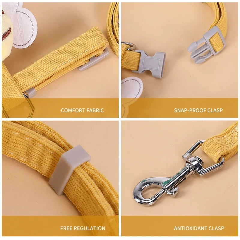Conjunto de arnés, correa y collar para mascotas (ajustable, diseño de abeja de dibujos animados, arnés de doble capa para perros pequeños y medianos, ideal para paseos al aire libre).