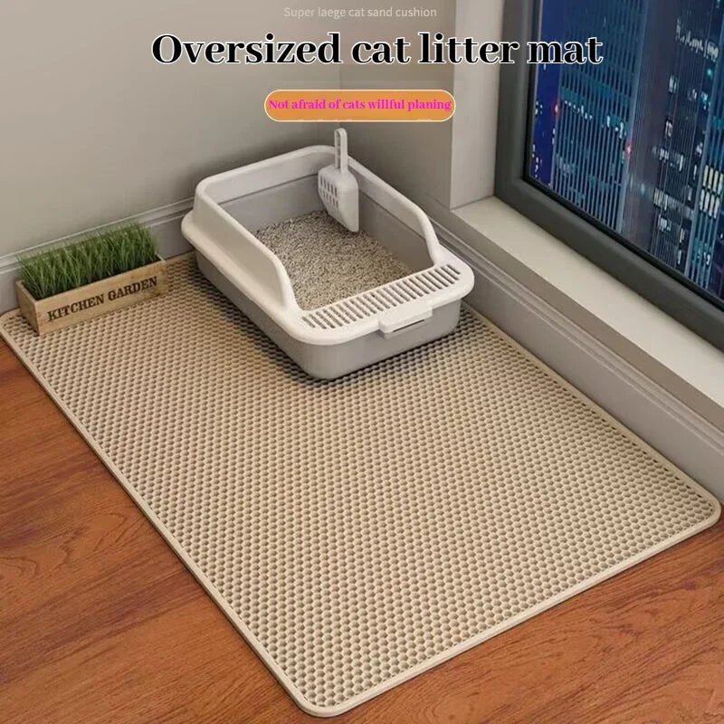 Alfombrilla para arena de gatos de diseño de doble capa, tecnología premium de retención de arena, base impermeable y protector de suelo antideslizante para gatitos de interior.