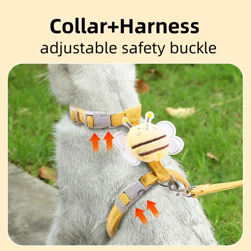 Conjunto de arnés, correa y collar para mascotas (ajustable, diseño de abeja de dibujos animados, arnés de doble capa para perros pequeños y medianos, ideal para paseos al aire libre).