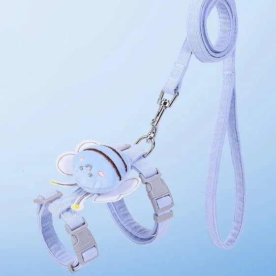 Conjunto de arnés, correa y collar para mascotas (ajustable, diseño de abeja de dibujos animados, arnés de doble capa para perros pequeños y medianos, ideal para paseos al aire libre).