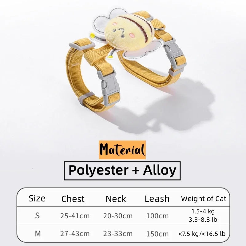 Conjunto de arnés, correa y collar para mascotas (ajustable, diseño de abeja de dibujos animados, arnés de doble capa para perros pequeños y medianos, ideal para paseos al aire libre).