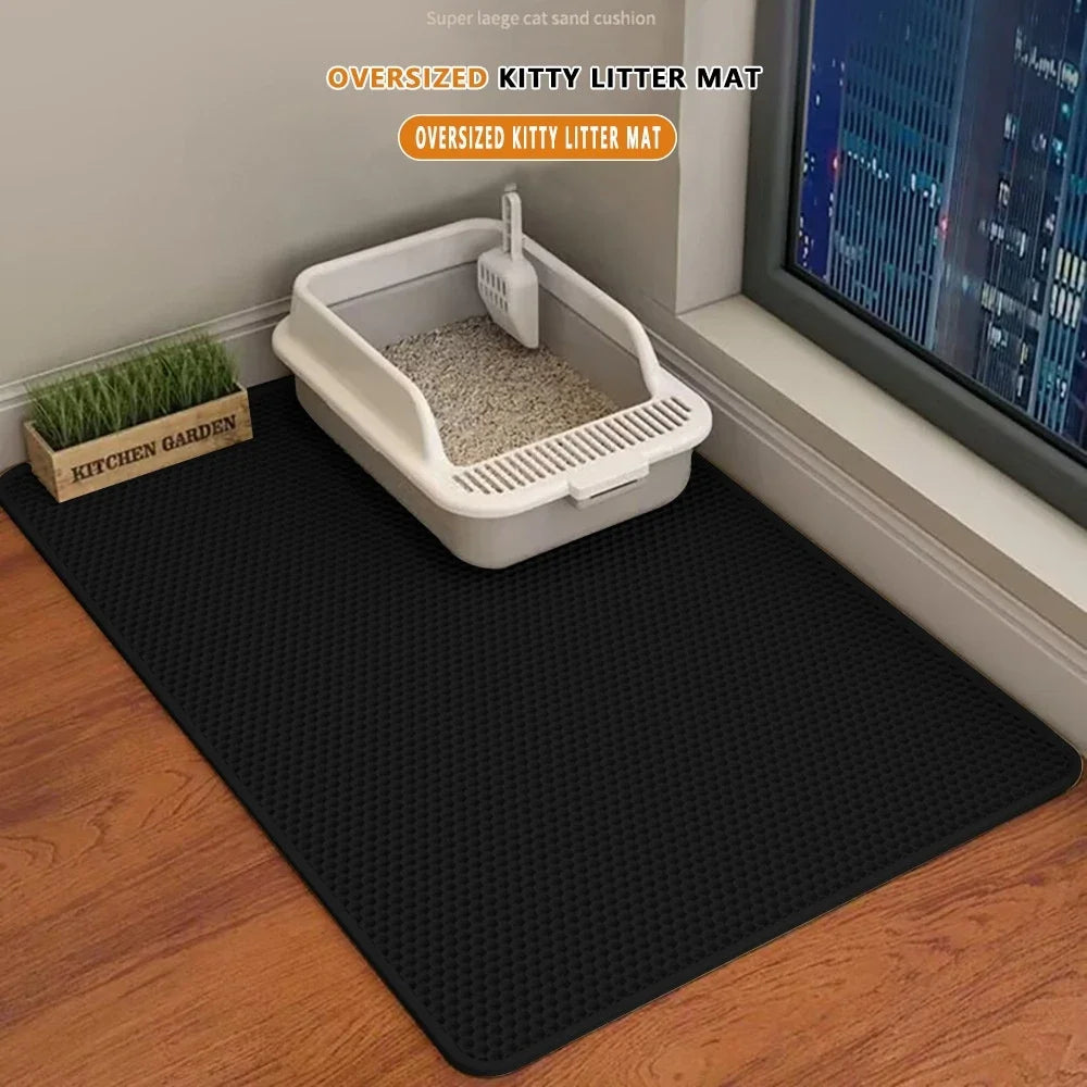 Alfombrilla para arena de gatos de diseño de doble capa, tecnología premium de retención de arena, base impermeable y protector de suelo antideslizante para gatitos de interior.