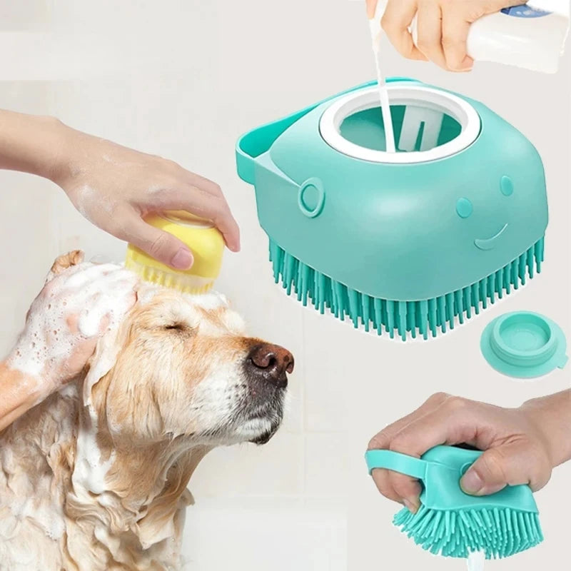 Cepillo de baño y masaje para mascotas con dispensador de champú y cerdas de goma; herramienta de aseo y ducha para perros y gatos.