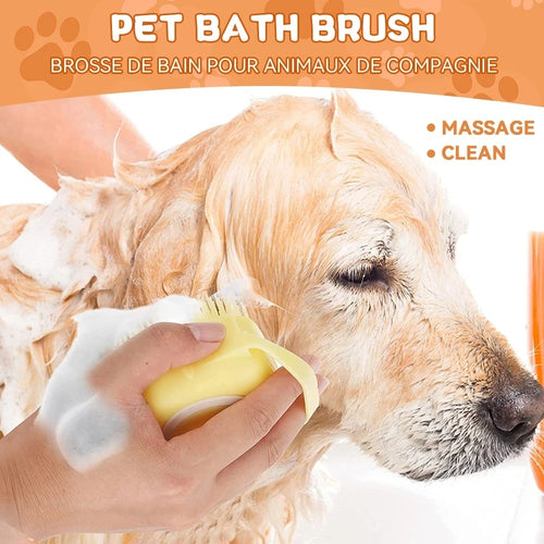 Cepillo de baño y masaje para mascotas con dispensador de champú y cerdas de goma; herramienta de aseo y ducha para perros y gatos.
